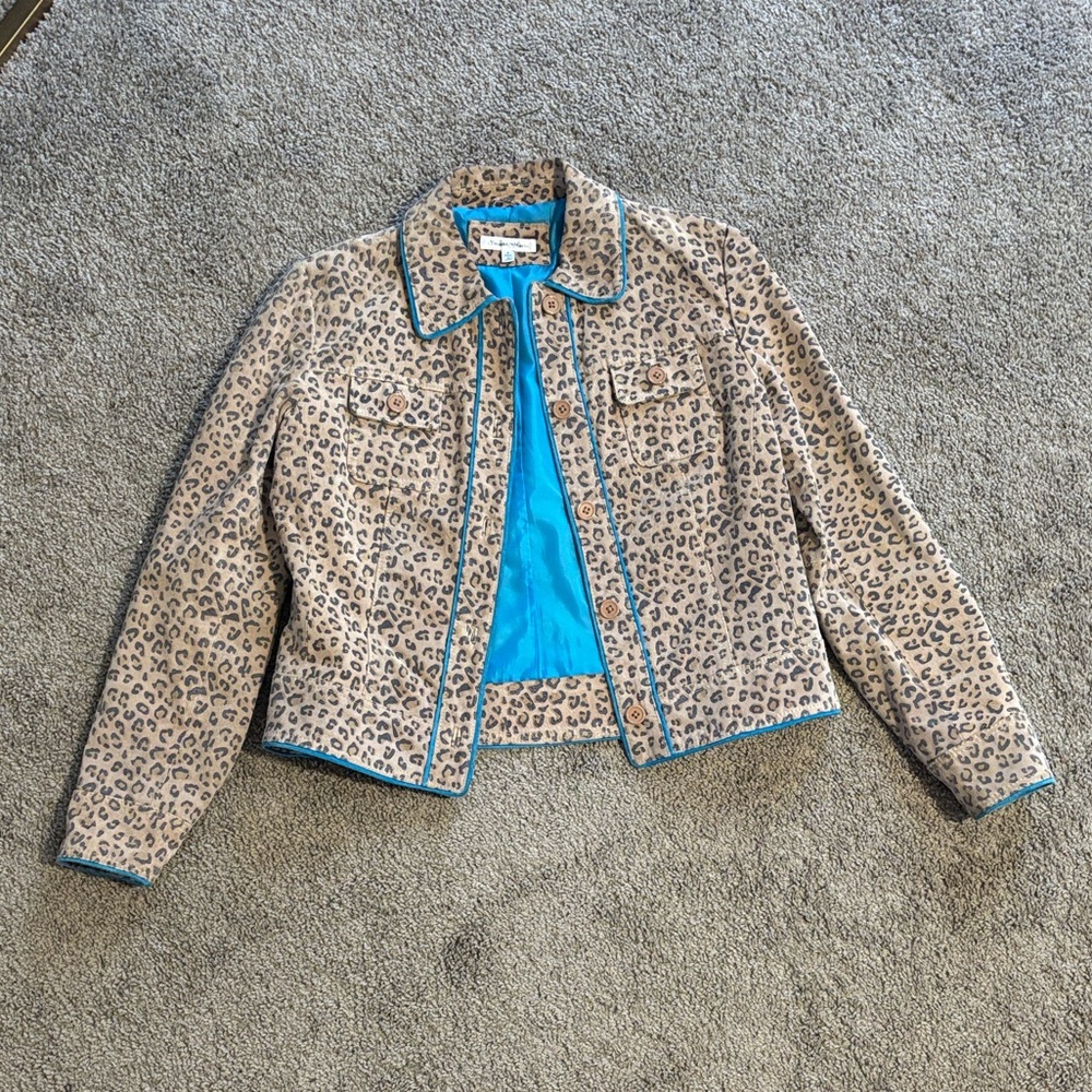 Vintage Yvonne Marie Leopard/Blue Print Leather Jacket, Size 4